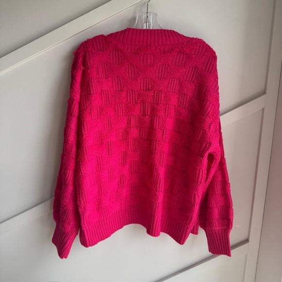Blu Pepper Checkered Textured Knit Bright Pink Cardigan size S - Picture 6 of 8